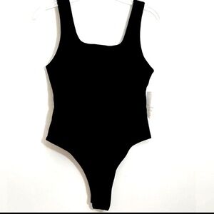 A New Day Square Neckline Bodysuit Womens Small Black Slim‎ Fit Stretchy NWT